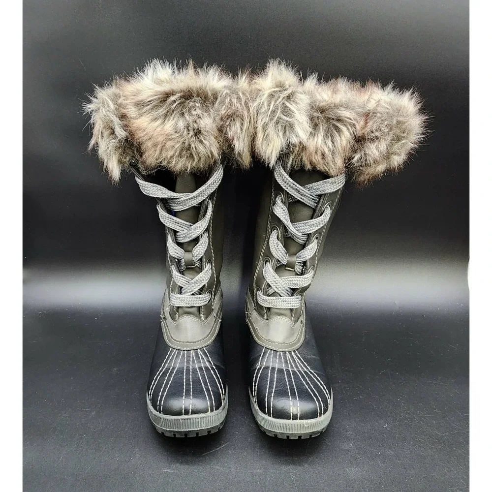 London Fog Melton Women Green Black Size 8 Winter Faux Fur Duck Boots Cozy